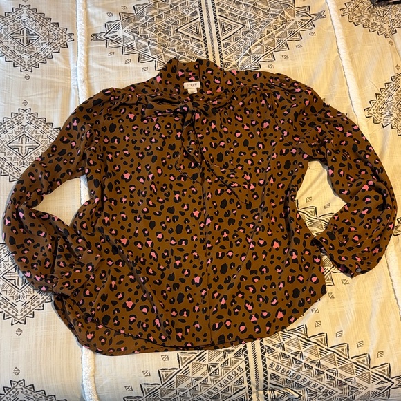 J.Crew Brown and Pink Leopard Print Blouse - Picture 2 of 7